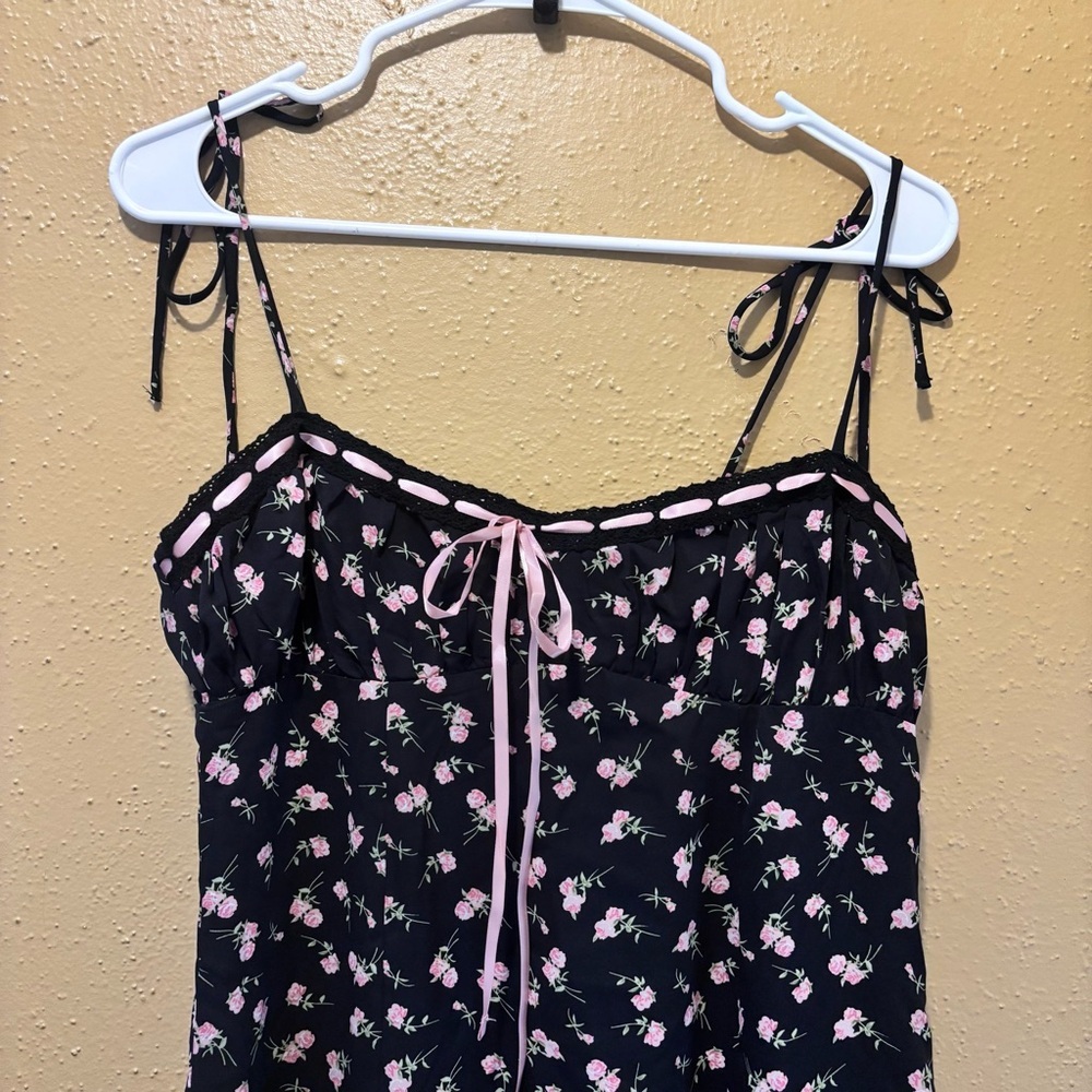 Kiss The Sky Black Floral Maxi Dress Pink Rose Ribbon Milkmaid NWT Large - Picture 6 of 10
